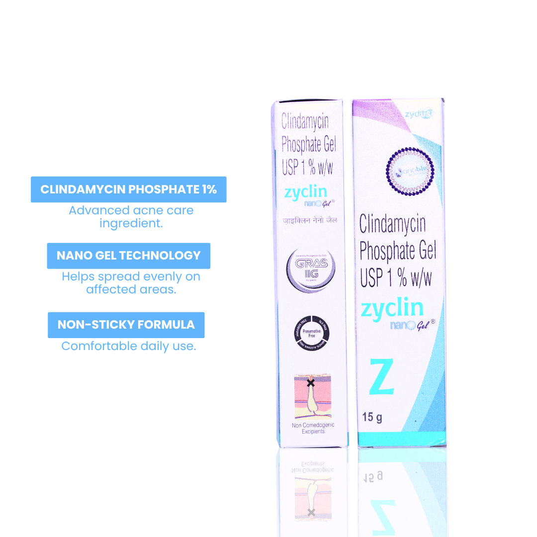 Zyclin Clindamycin Phosphate Gel packaging with product details on a white background