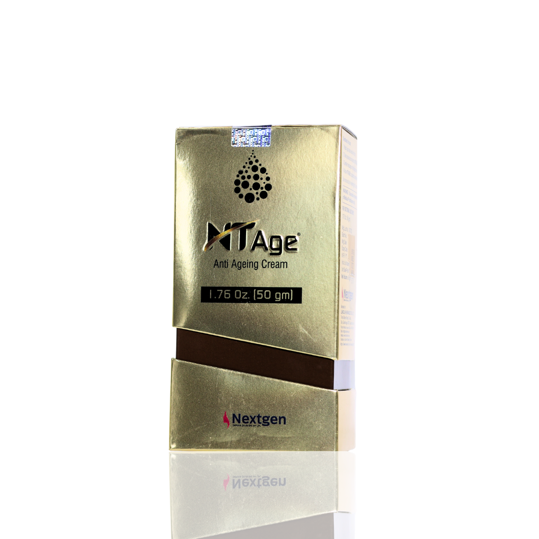 Gold packaging of NT Age anti-aging cream with Nextgen branding on a white background
