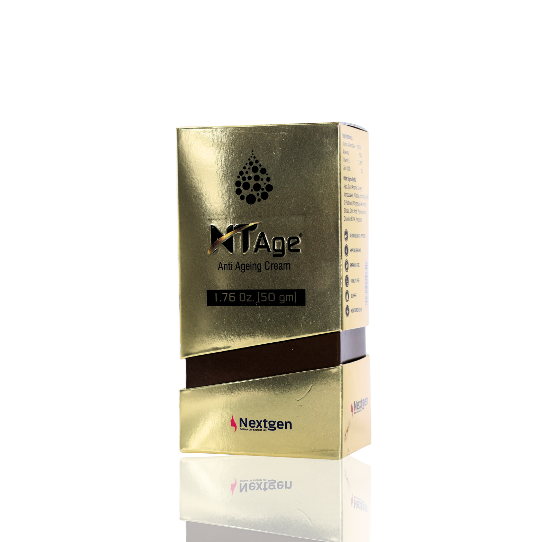 Gold box of NT Age anti-aging cream with Nextgen branding on a white background