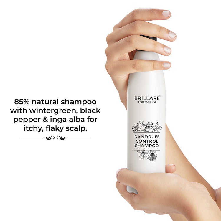 Brillare Dandruff Control Shampoo bottle with text include: 85% natural shampoo with wintergreen, black pepper & inga alba for itchy, flaky scalp.