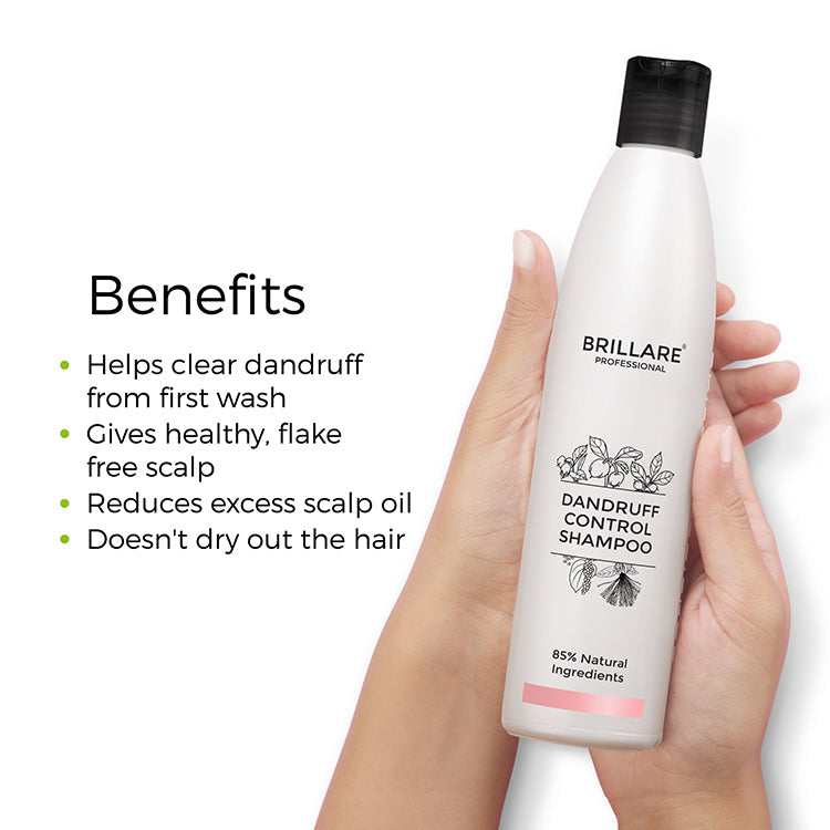 Brillare Dandruff Control Shampoo bottle with 85% natural ingredients with the benefits in text include: helps clear dandruff from first wash, gives healthy, flake free scalp, reduces excess scalp oil, doesn't dry out the hair.