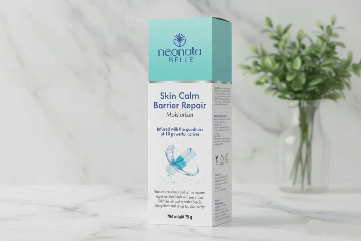 Neonata Belle Skin Calm Barrier Repair moisturizer box on a marble surface with a plant in the background