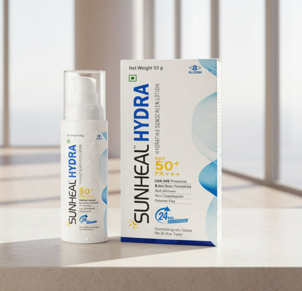 Sunheal Hydra sunscreen lotion packaging on a white background