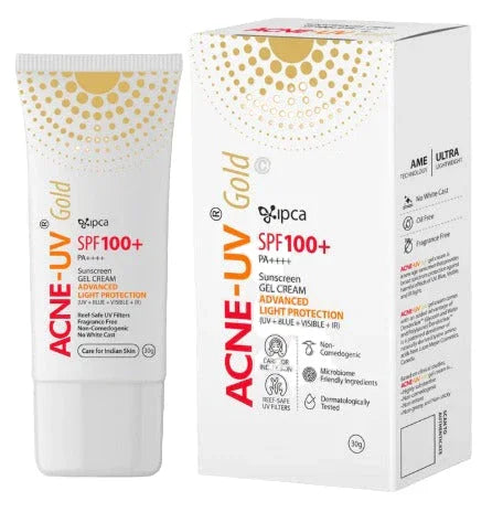 Acne-UV Gold sunscreen gel cream with packaging on a white background