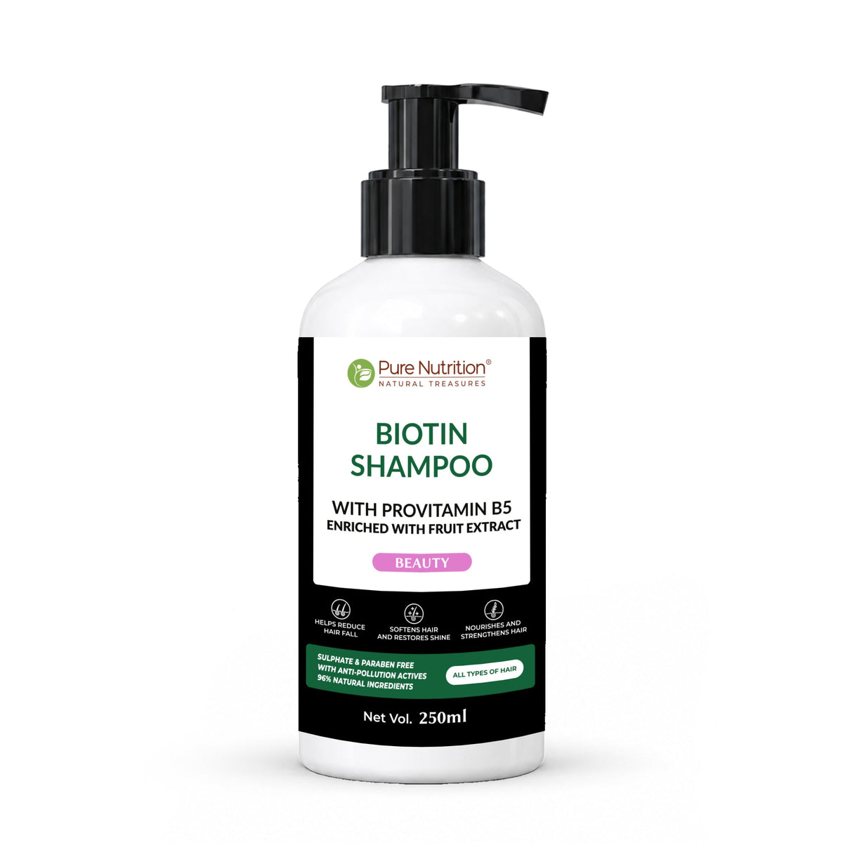 Front view of biotin shampoo with provitamin B5 and fruit extracts for healthier hair, scalp nourishment, and reduced hair fall.