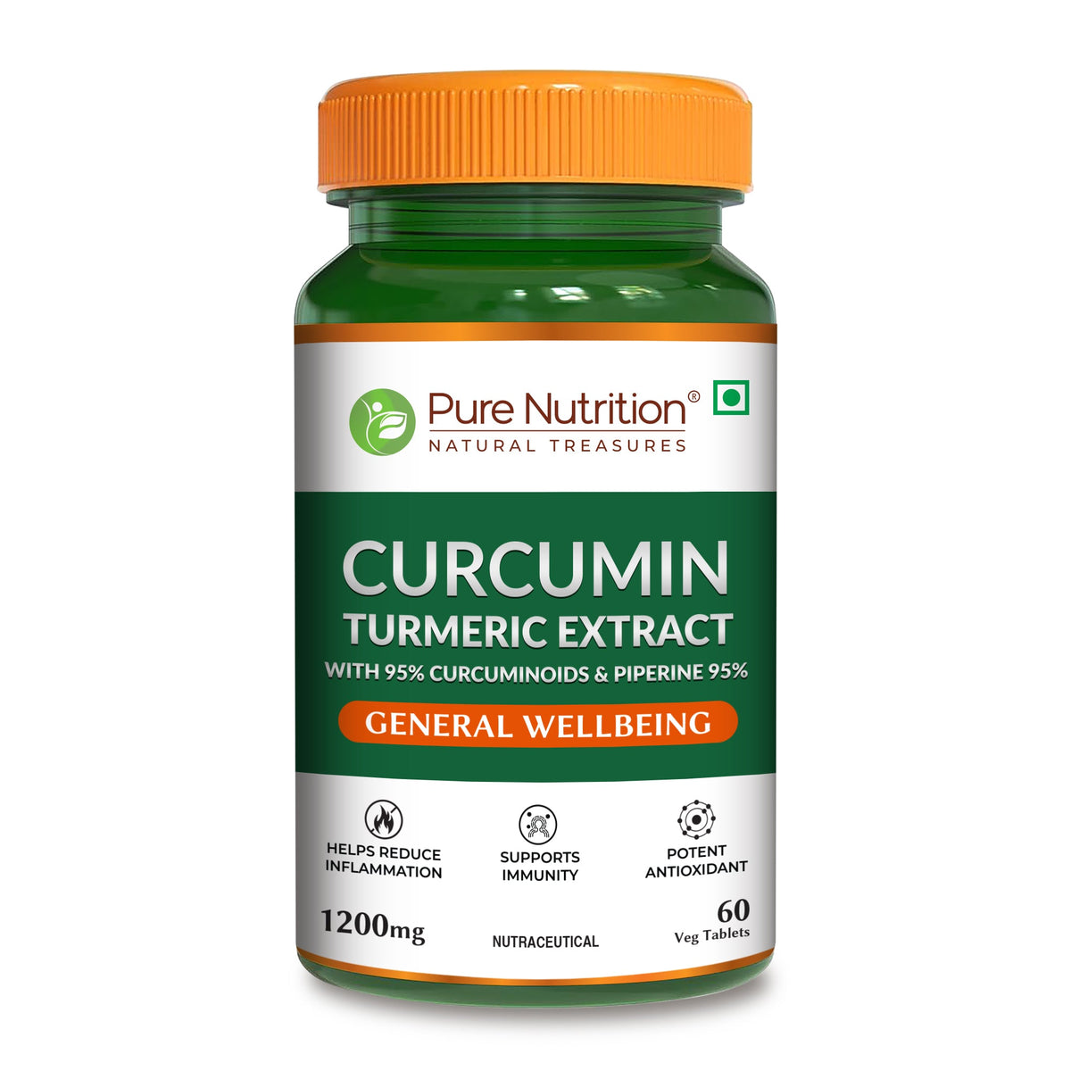 Bottle of curcumin turmeric extract tablets with 95% curcuminoids and piperine to support joint health, immunity, and overall wellness.