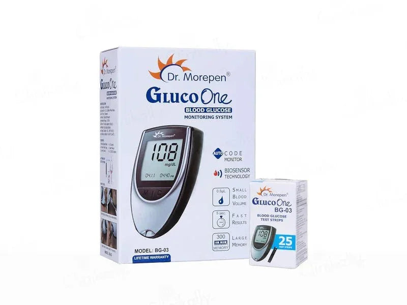 Dr. Morepen GlucoOne BG-03 Blood Glucose Monitoring System Combo Pack (Meter + 50 Strips) - Atomic Pharmacy