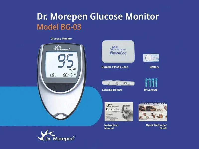 Dr. Morepen GlucoOne BG-03 Blood Glucose Monitoring System Combo Pack (Meter + 50 Strips) - Atomic Pharmacy