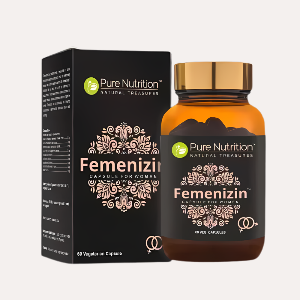 Femenizin herbal capsules for women with product box, formulated to support women's health, hormonal balance, and overall wellness.