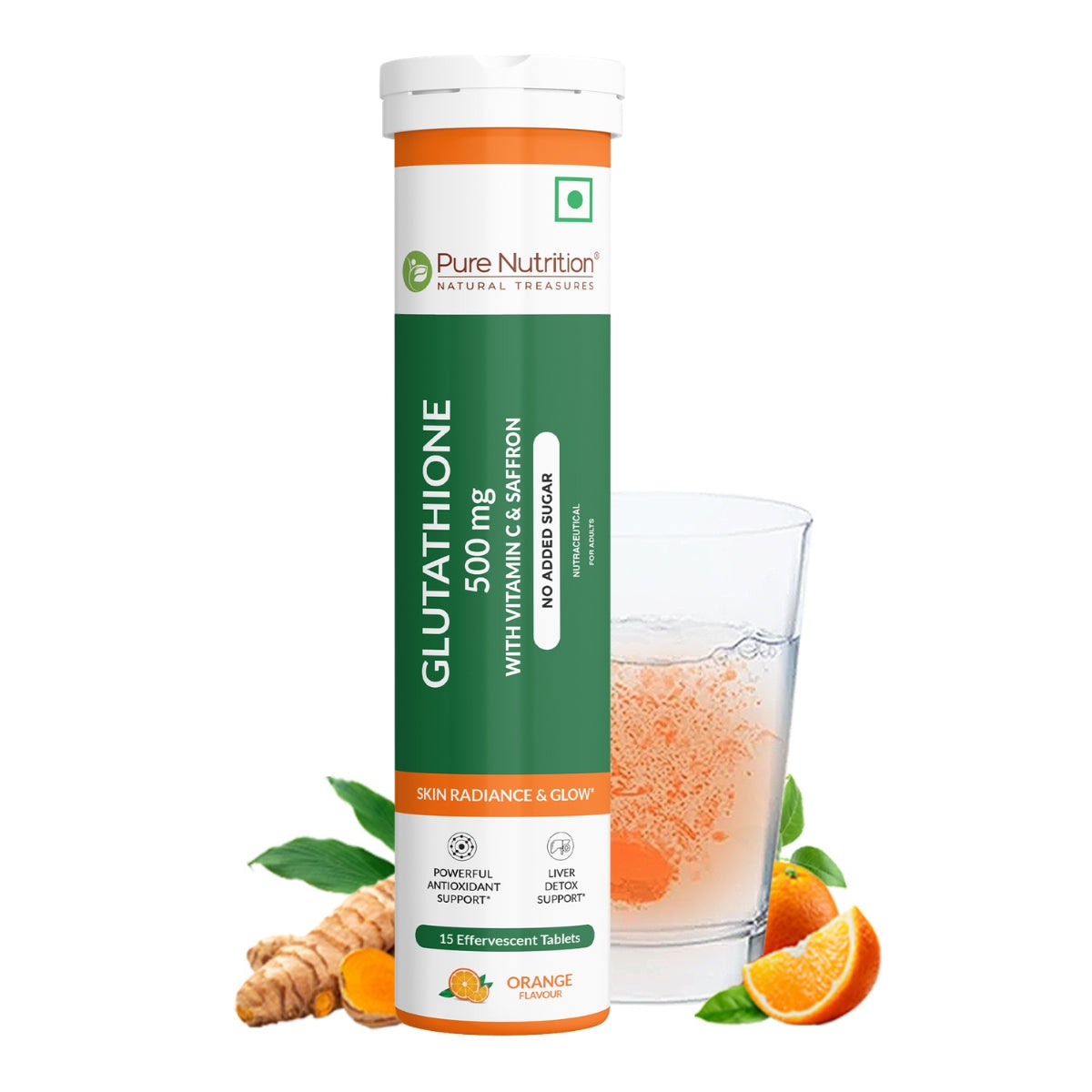 Front view of Pure Nutrition Glutathione 500 mg effervescent tablets with Vitamin C and saffron, orange flavour, for skin radiance and glow.
