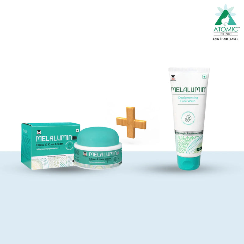 Melalumin Elbow & Knee Cream + Depigmenting Face Wash combo for dark spot lightening, dermatologist recommended skincare