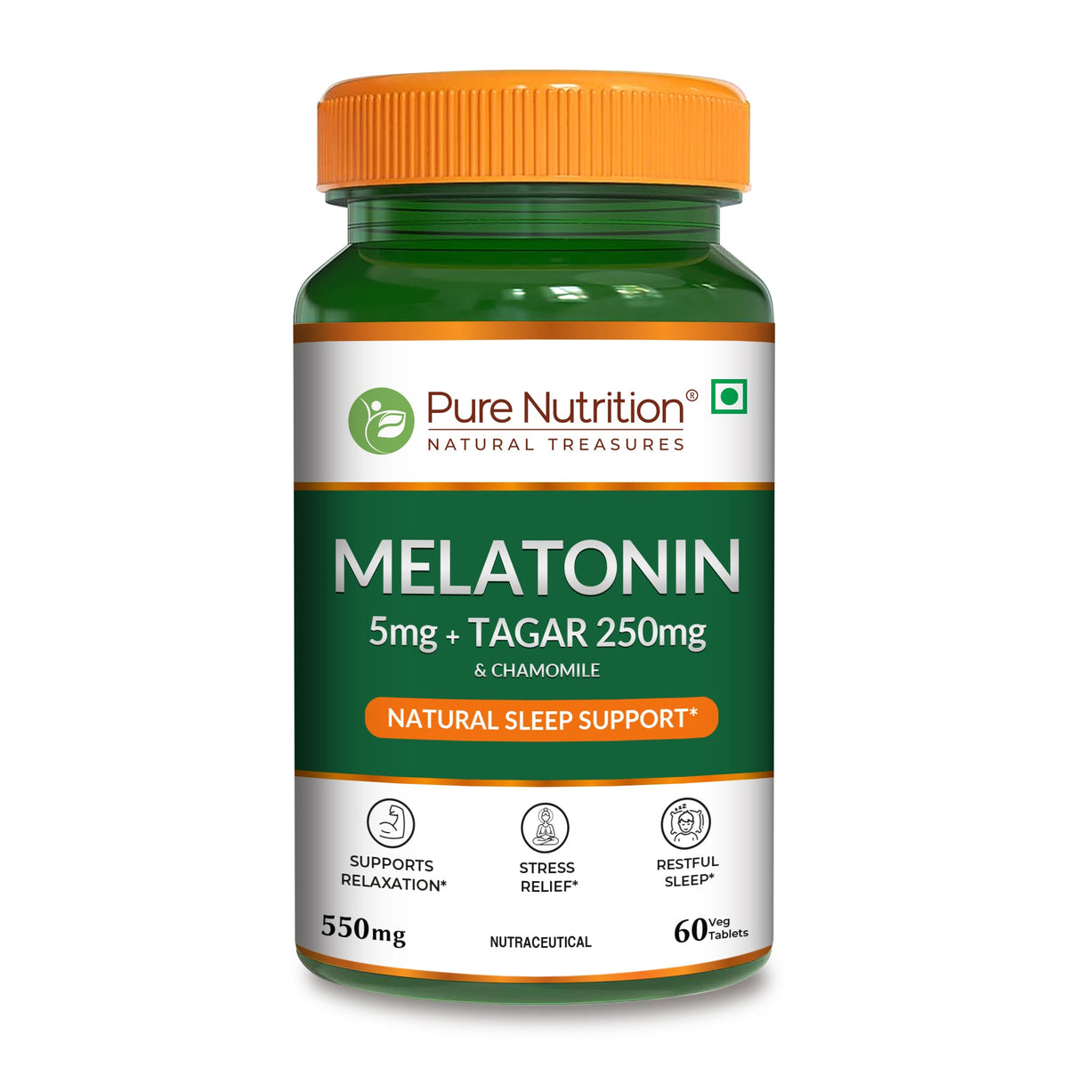 Front view of Pure Nutrition Melatonin 5 mg with Tagar 250 mg and Chamomile tablets for natural sleep support.
