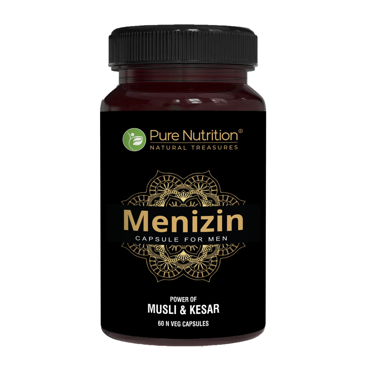 Bottle of Menizin herbal capsules for men formulated with musli, kesar, and Ayurvedic herbs to support men's vitality and wellness.