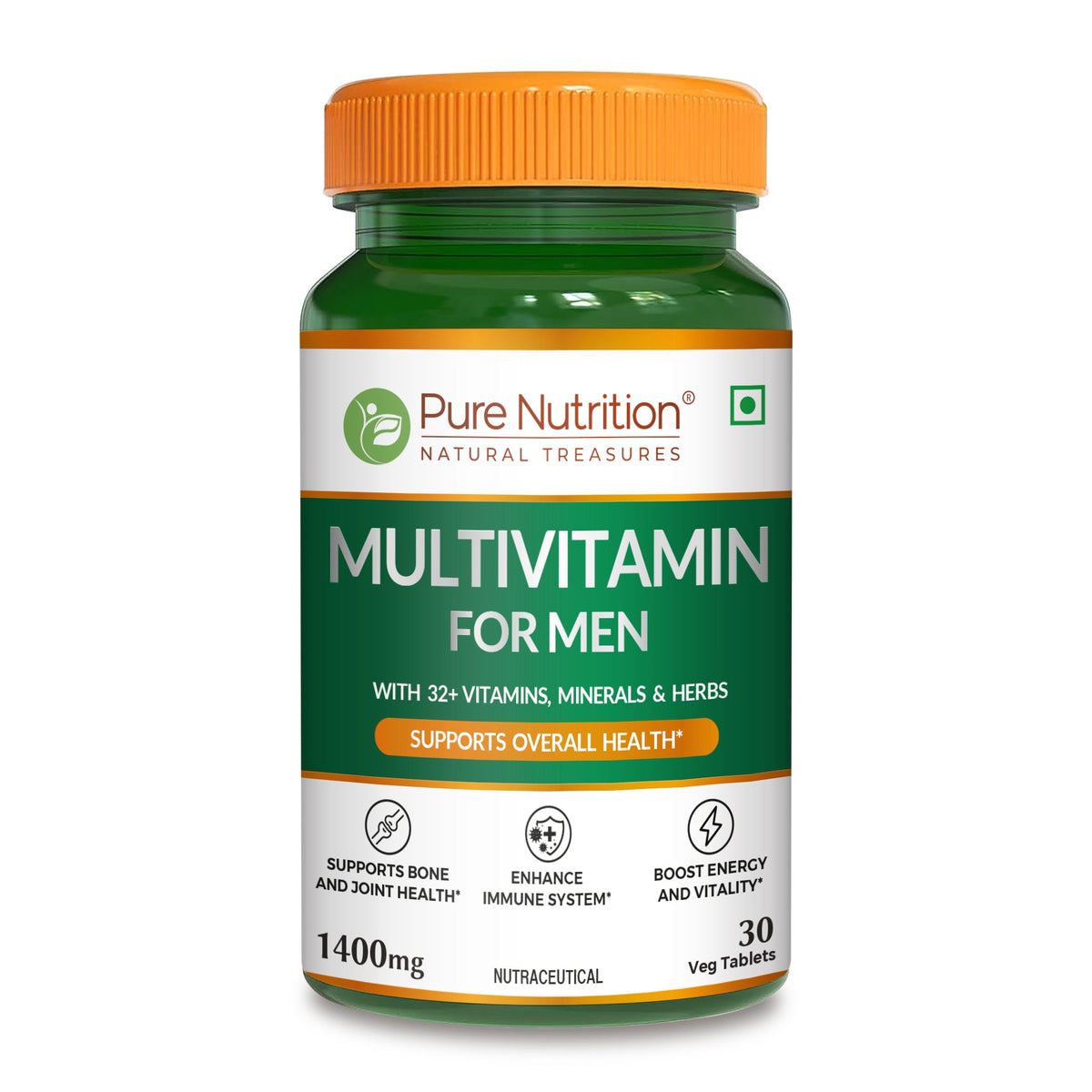 Front view of Pure Nutrition Multivitamin for Men 1400mg with 32+ vitamins, minerals and herbs to support energy, immunity, bone and joint health.