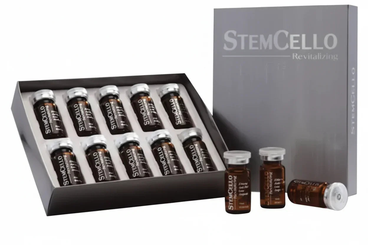 StemCello revitalizing product set with bottles and packaging on a white background