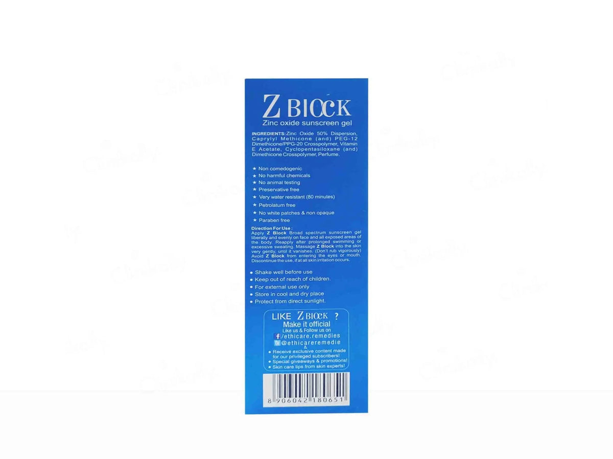 Z Block SPF 50+ Zinc Oxide Sunscreen Gel for Sensitive Skin