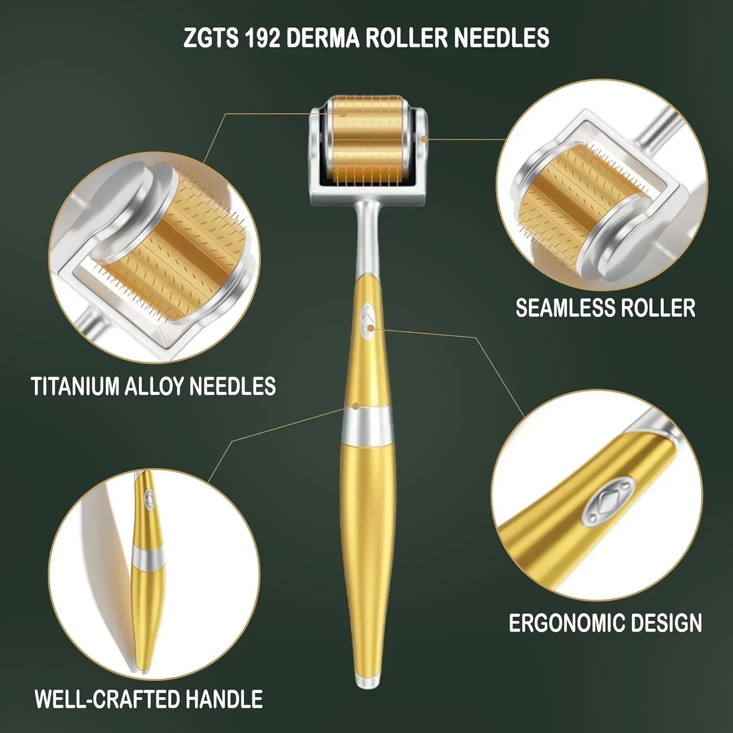 ZGTS Professional Gold Plated 192 Needles Titanium Alloy Derma Roller, Gold, 2.5 mm - Atomic Pharmacy
